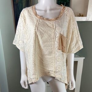 NWOT Oli & Hali Cream Eyelet Blouse Shirt Top Tan Accents Oversized Draped Boho